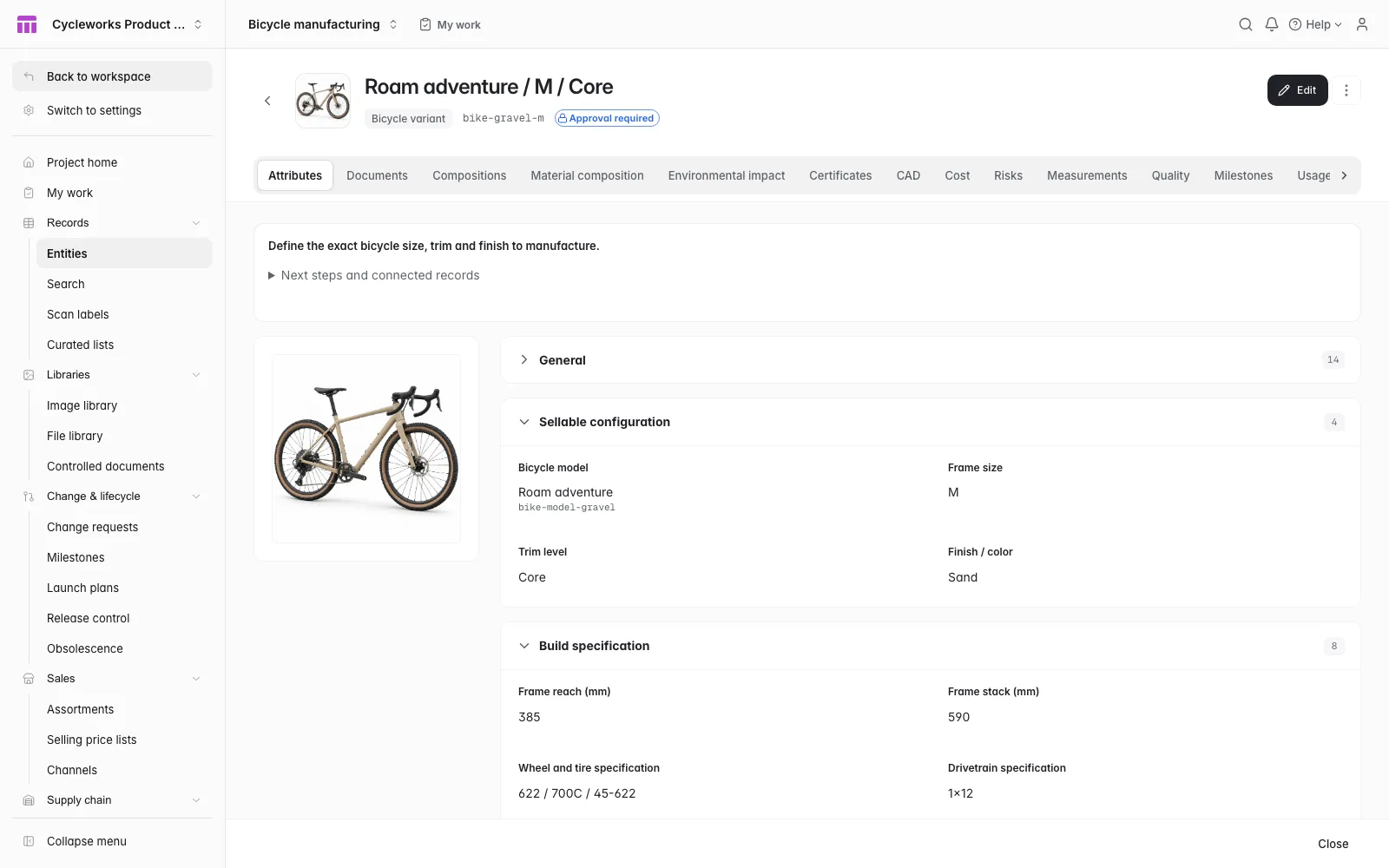 Native ManyRows bicycle product record with its image, size, finish, frame geometry and drivetrain specification