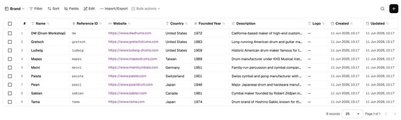 ManyRows Pier data grid — records with filter, sort, fields, and import/export