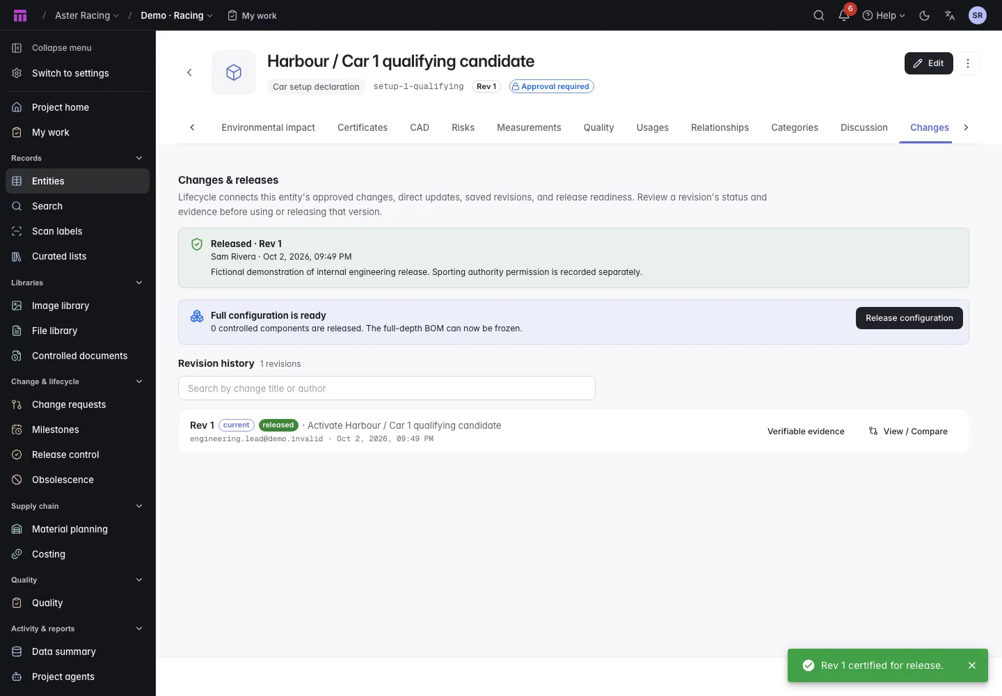 Internal release certificate for revision 1 of the qualifying setup declaration