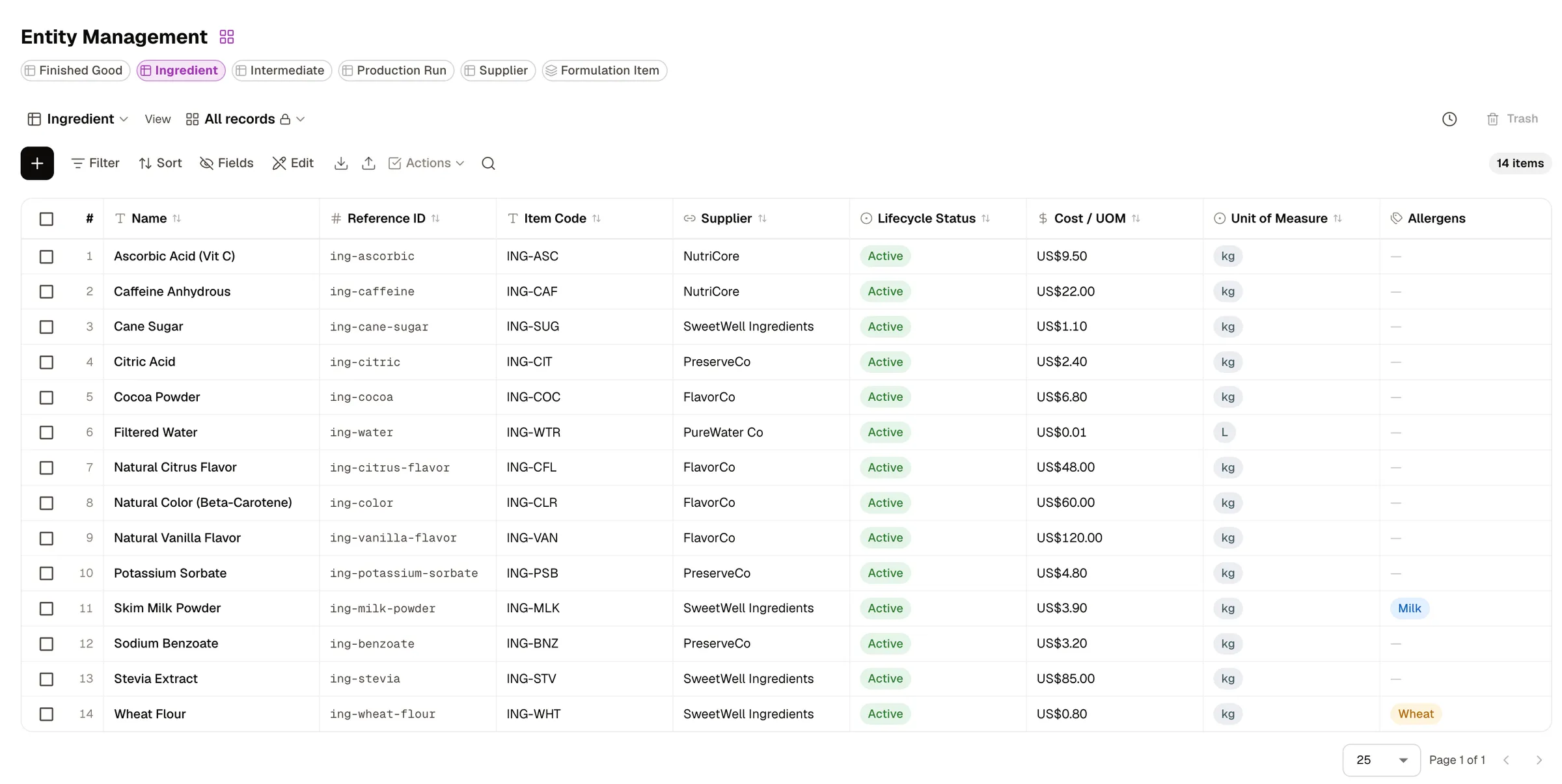 The ManyRows data grid: typed records with filters, sorting, and status fields