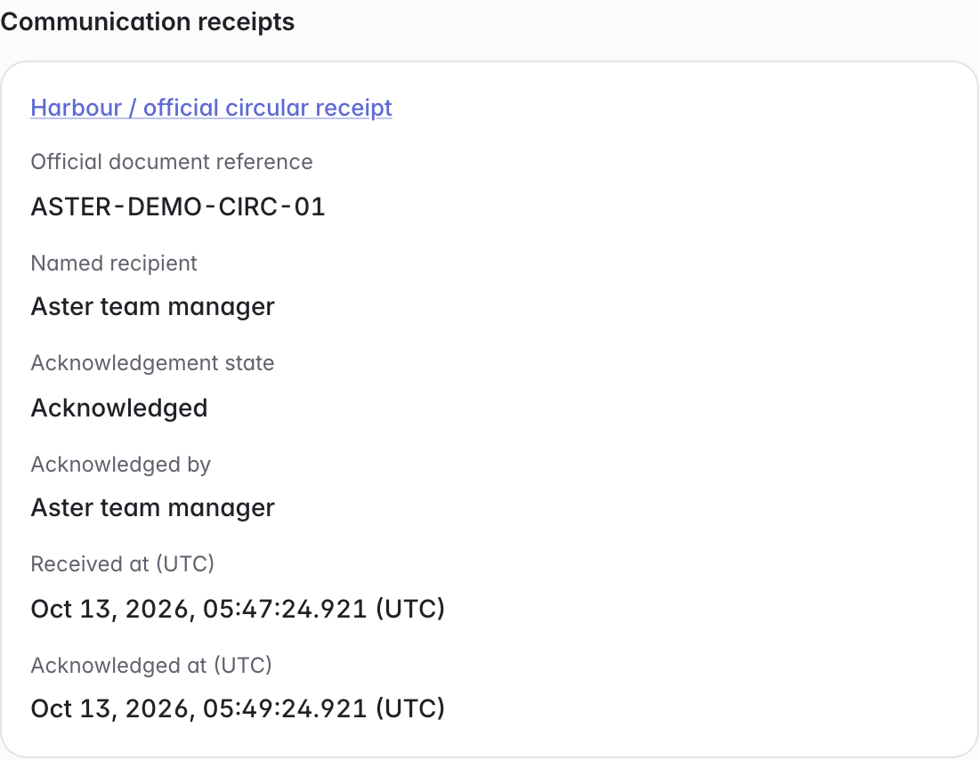 ManyRows 공식 통지 접수 기록: 문서 참조, 수신인, 수신 확인 상태와 UTC 시각