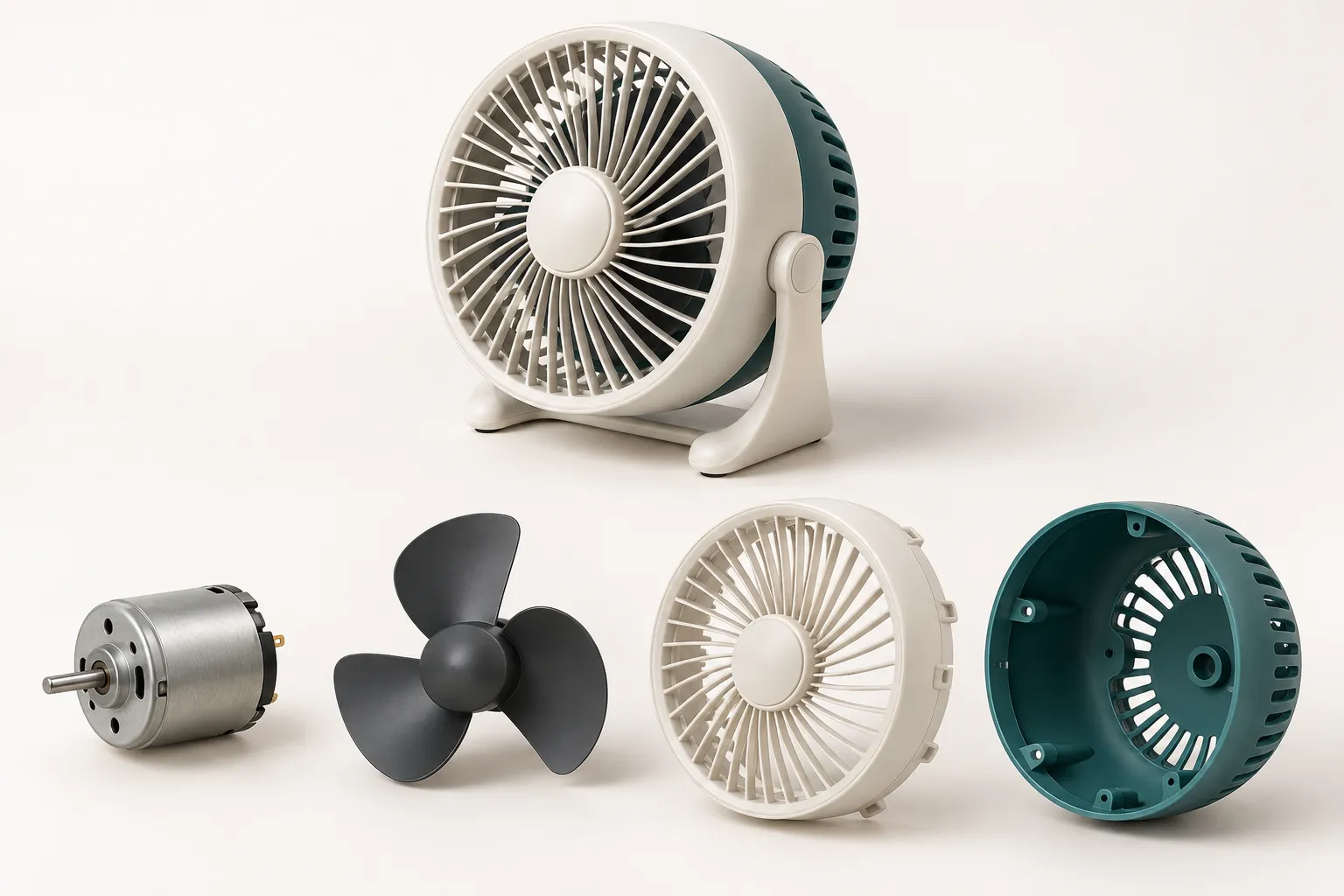 Fictional compact air circulator with a separate fan motor, impeller and housing panels