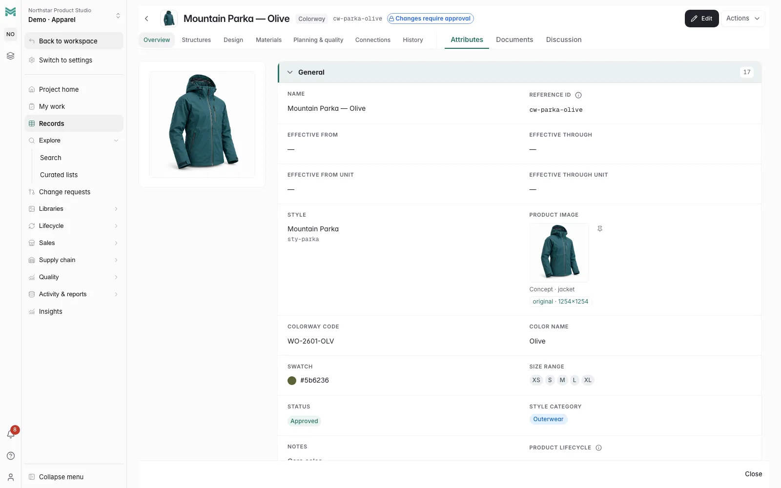 Apparel · Colorways, materials and size specifications