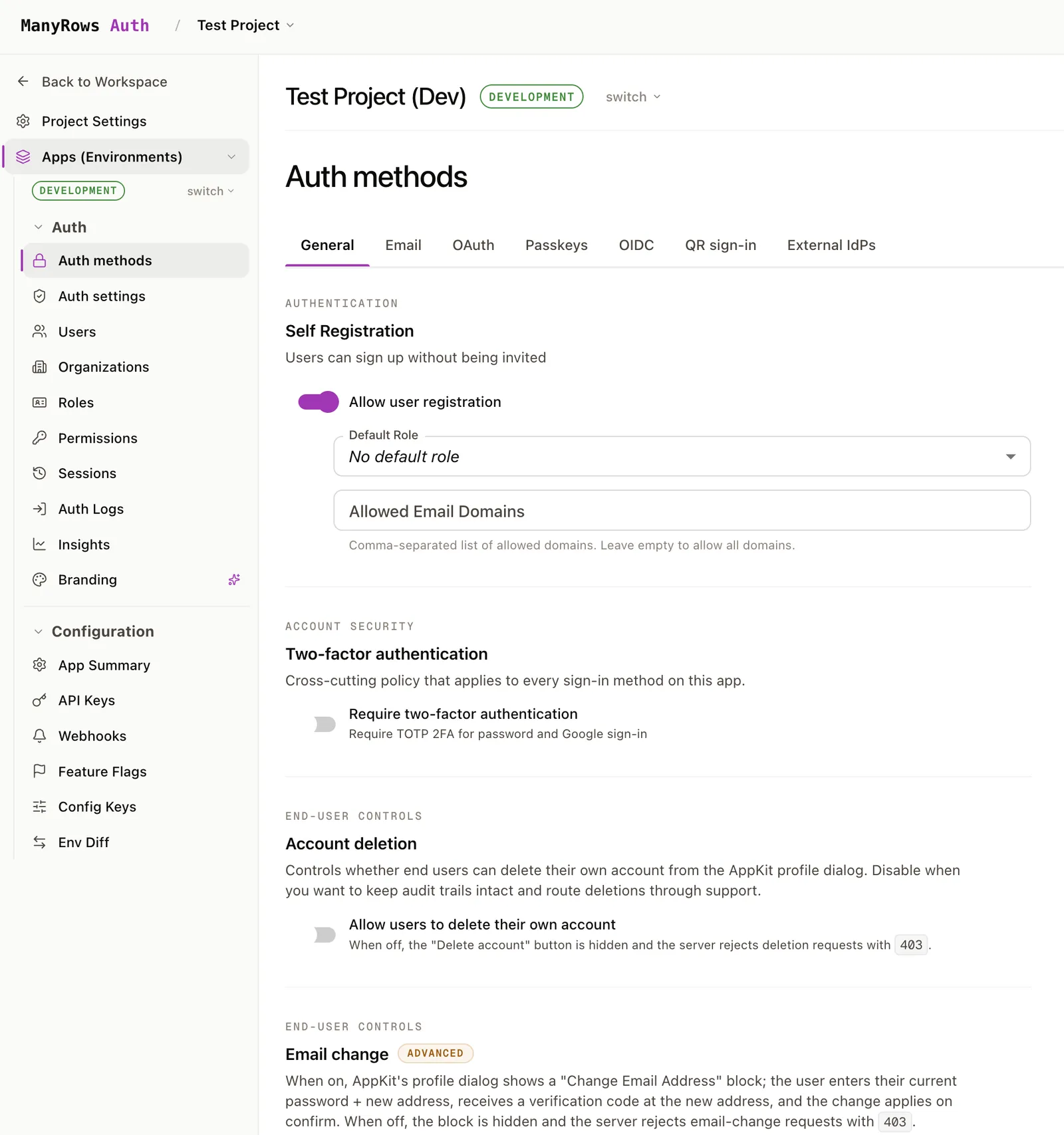 ManyRows Auth admin panel, configuring sign-in methods