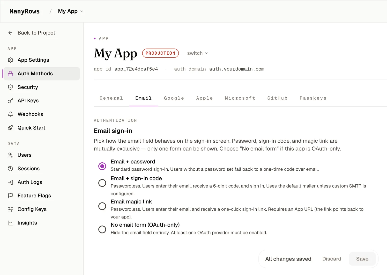 ManyRows admin panel: configuring sign-in methods (email, Google, Apple, Microsoft, GitHub, passkeys)