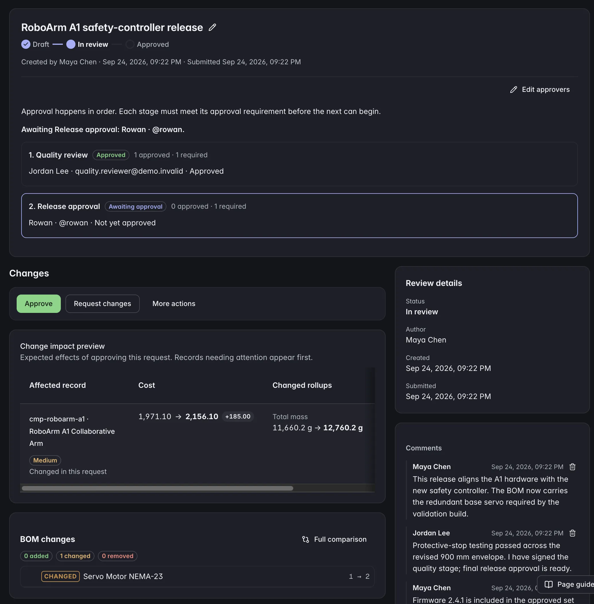 ManyRows change request showing proposed changes and review details