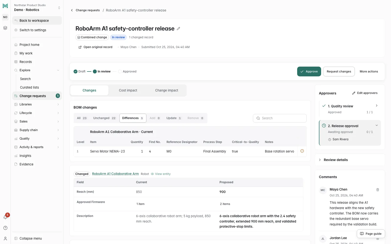 ManyRows change review showing approval stages, impact preview, and BOM changes