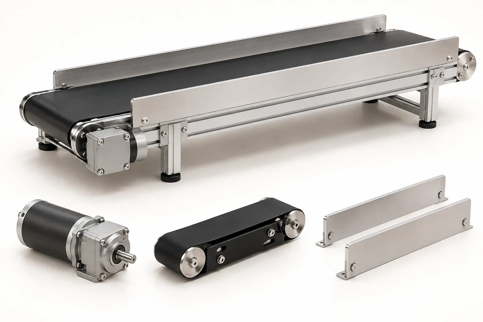 Fictional bench conveyor with a separate drive motor, belt module and guard panels