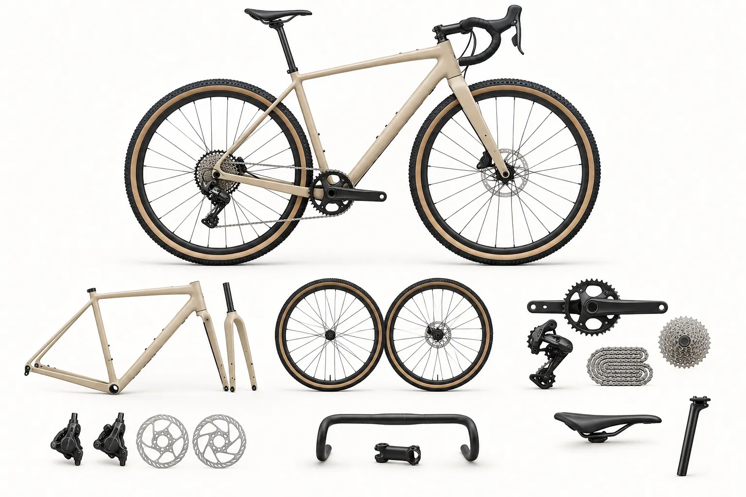 Illustrative sand-colored gravel bicycle with separate frame kit, wheelset, drivetrain, brakes, cockpit and saddle components
