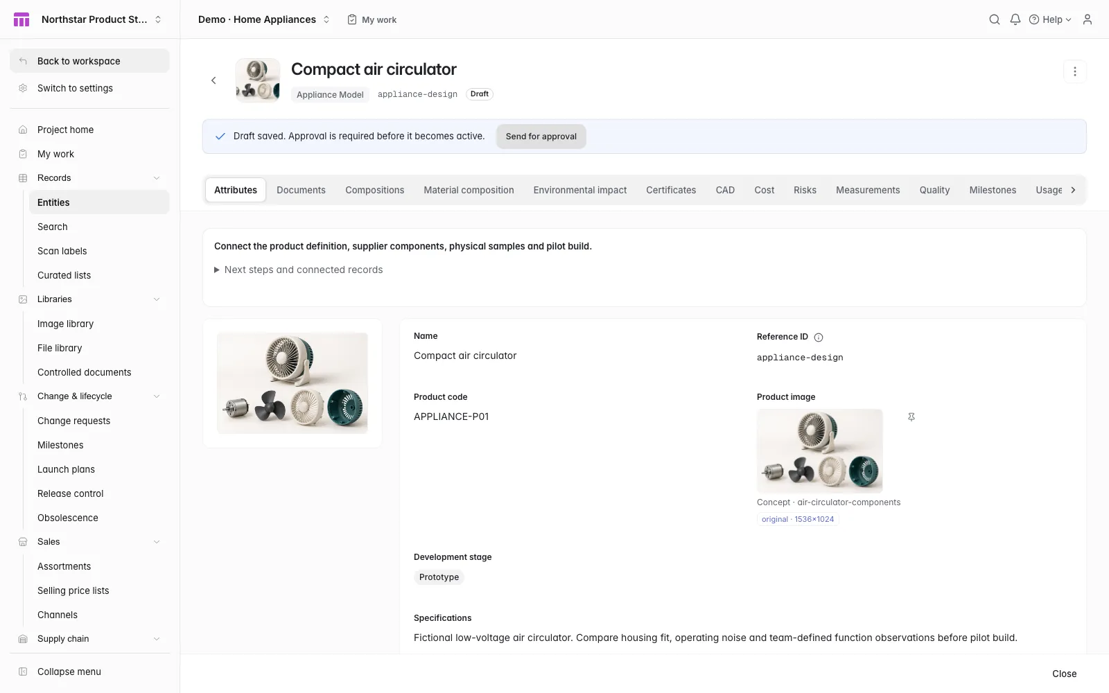 ManyRows Home Appliances product record in light mode with connected specification fields