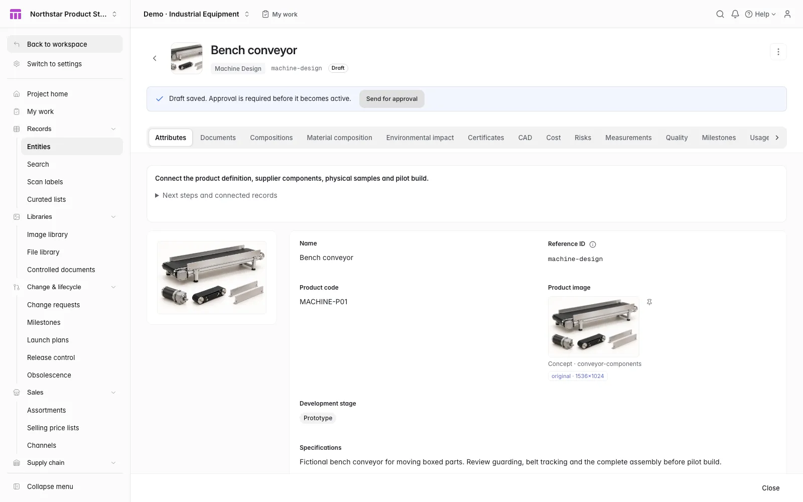 ManyRows Industrial Equipment product record in light mode with connected specification fields