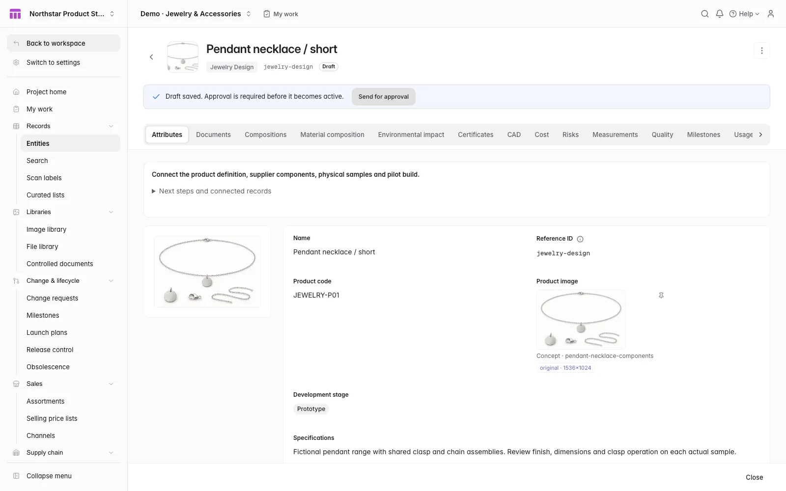 ManyRows Jewelry & Accessories product record in light mode with connected specification fields