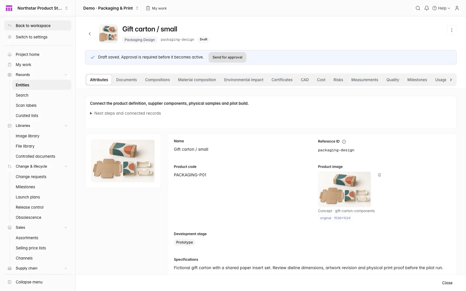 ManyRows Packaging & Print product record in light mode with connected specification fields