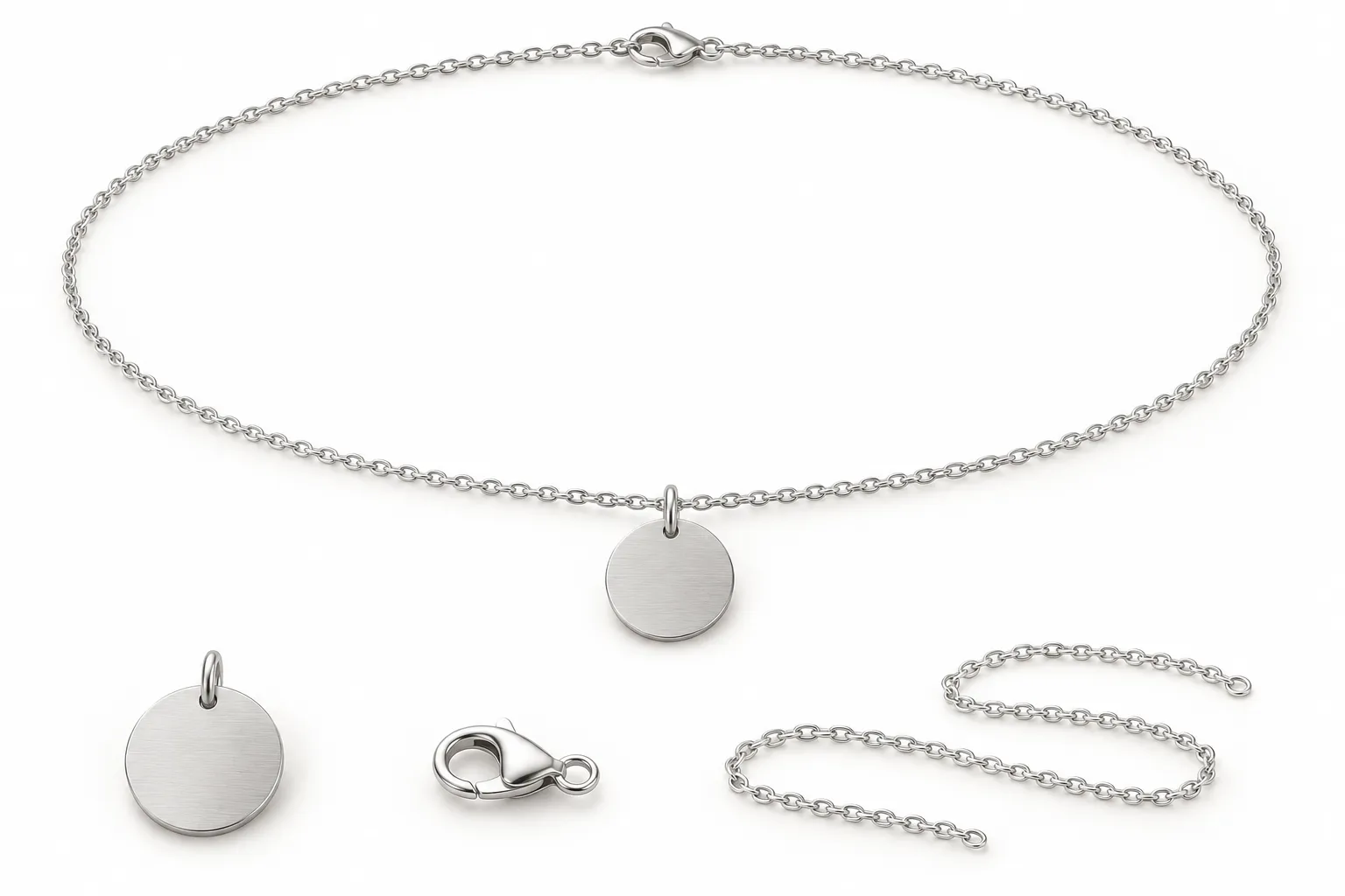 Fictional brushed silver-tone pendant necklace with a separate pendant blank, lobster clasp and chain