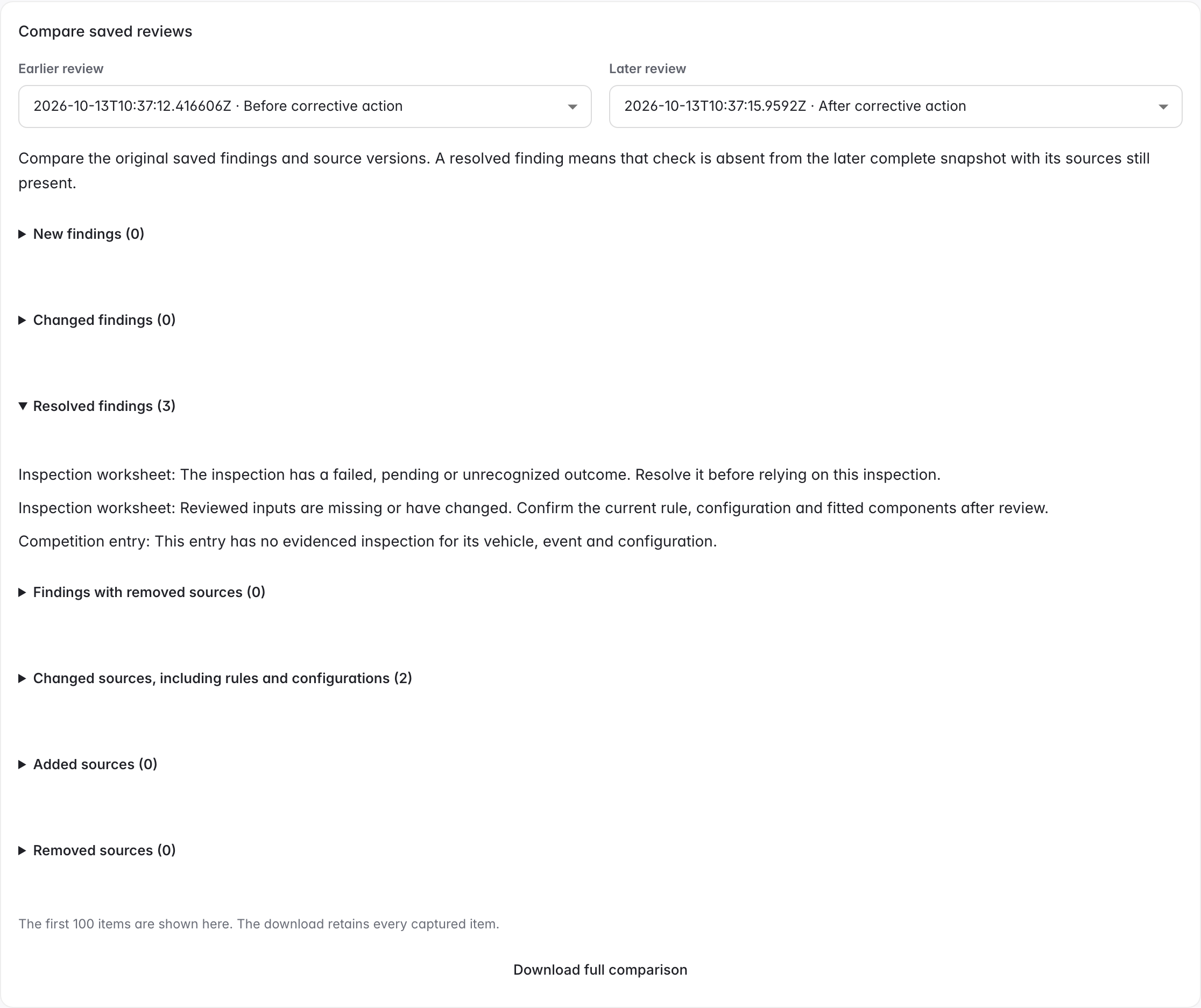 Earlier and later saved reviews with resolved findings in their comparison