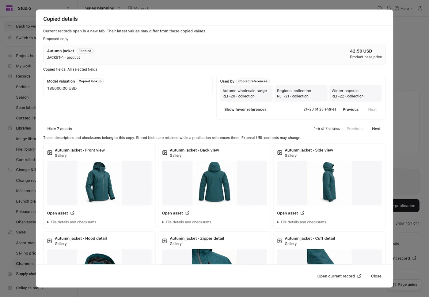 ManyRows channel publication review showing captured products, assets and derived values