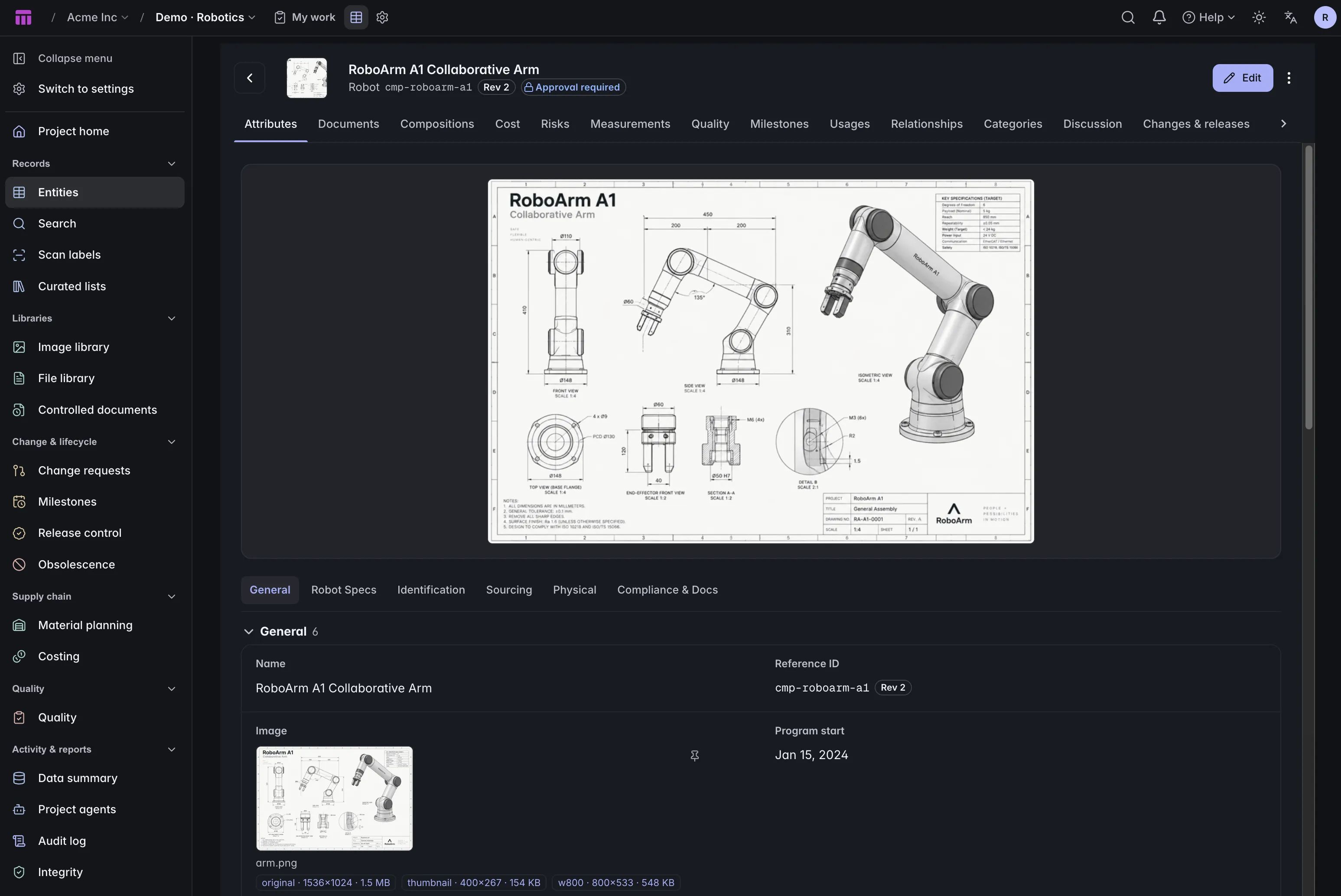 ManyRows robot record with product attributes and engineering tabs