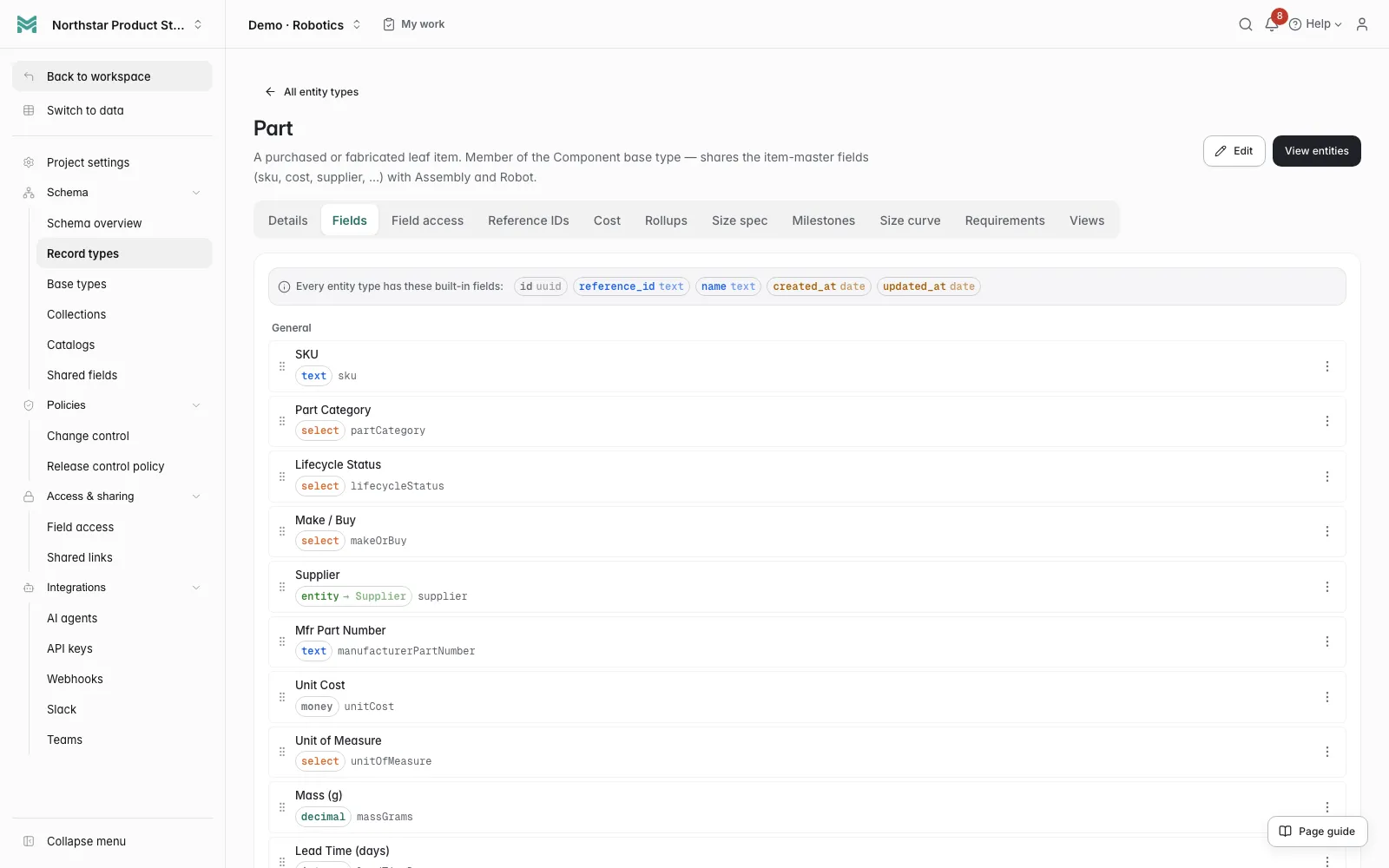 ManyRows component schema showing configurable specification fields