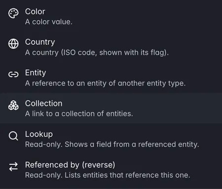 ManyRows entity, collection, lookup and reverse reference fields