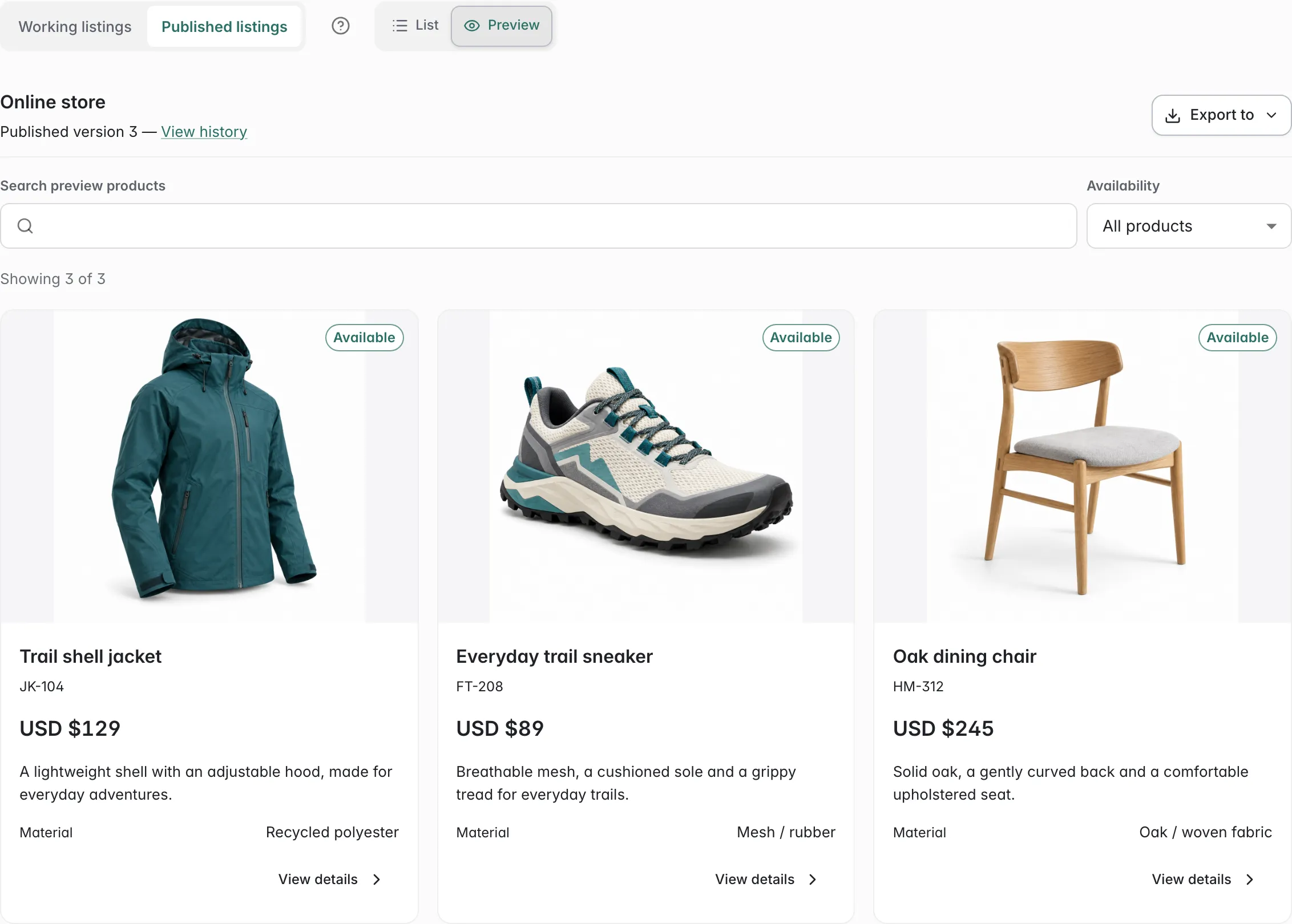 ManyRows published catalogue showing product images, retail prices, and CSV export controls